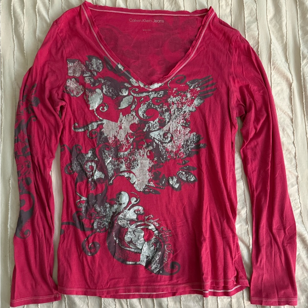 Calvin Klein Jeans Cerise Color and Sliver Long Sleeve Tee